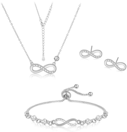 Women's Jewellery Set 925 Sterling Silver Infinity Necklace Bracelet Stud Earrings Sets with Cubic Zirconia Adjustable Pendant Necklaces Bridal Wedding Bridesmaid Ladies Jewellery Gift Set(Silver)