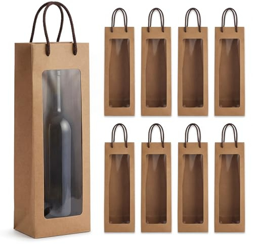 HexinYigjly 8 sacchetti regalo per bottiglie di vino, in carta kraft, con manico, riutilizzabili, con finestra trasparente, per compleanni, anniversari, shopping, feste di Natale (9,5 x 8,9 x 35,5 cm)