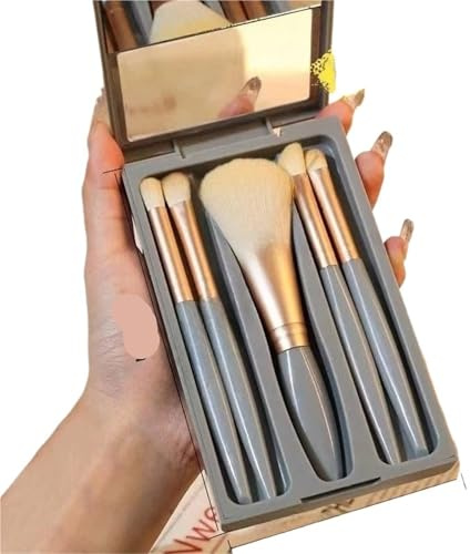 Makeupborstset 5 st bärbar makeupborste set med spegel – hopfällbart resesats, mini