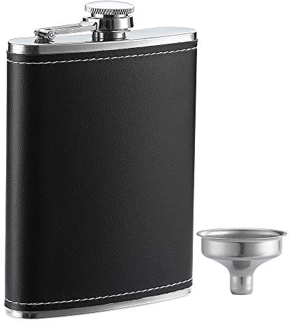 YWQ 1 Pack Flask for Liquor and Funnel, Premium 8 Oz Leak Proof 18/8 Stainless Steel Pocket Hip Flask with Black Leather Cover, Great Gift Idea