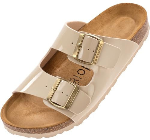 Palado Pantoletten Damen Korfu Lack - gefertigt in Spanien - glänzende Oberfläche - Veloursleder-Decksohle - bequemes Weichfußbett - rutschfeste EVA-Sohle Beige UK8 - EU41