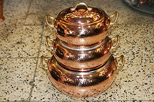 Siviss Set di 3 pentole in rame (piccolo) con coperchio, fatto a mano, 100% rame, manici in ottone, interno stagnato
