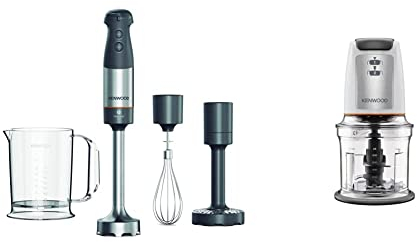 Kenwood HBM60.007GY Mixer ad immersione Triblade XL,1000W, con Anti-spruzzo, Accessori Tritatutto, Frusta Metallica e Schiacciaverdure, Grigio & Chopper CHP61.100WH, Potenza 500W