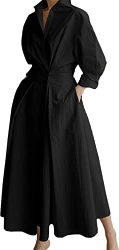 GUOCU Abito a Camicia da Donna Elegante Vestito a Maniche Lunghe Abito Casual Lungo Tunica Vestito Camicia Tinta Unita Abito Lungo con Risvolto da Spiaggia Allentato per Primavera Autunno Nero L
