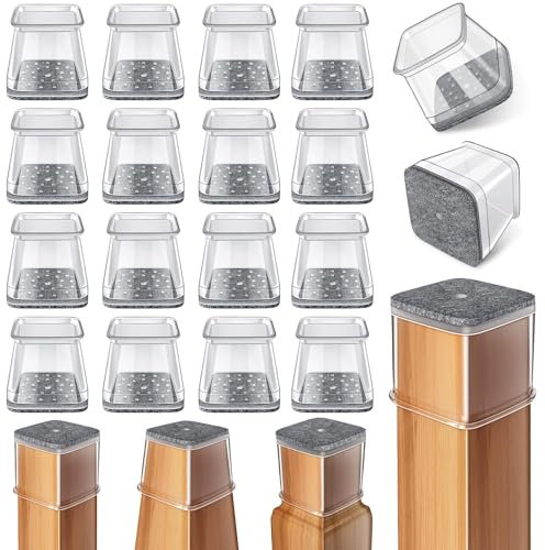 Protector Patas Sillas Cuadradas,24 Pieces Transparent Silicona con Fieltro, Deslizadores de Fieltro para Sillas, Tapas Protectoras para Patas de para Pisos de Madera(Fit 27-39mm)