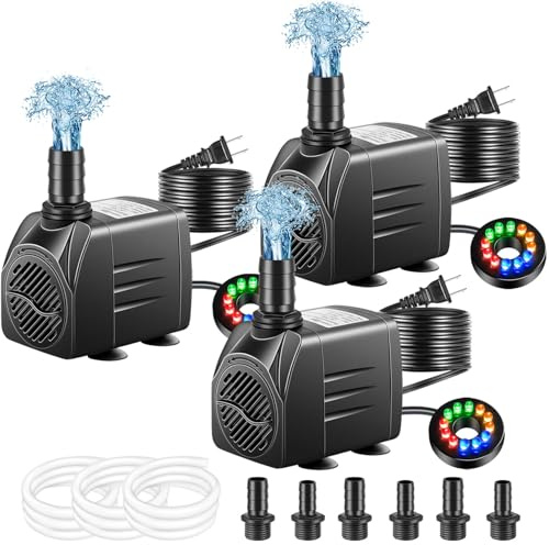 Pamaner 3 Pack Submersible Pump with Led Light, Small Fountain Pump with Tubing, Submersible Water Pump for Aquarium Fish Tank Indoor or Outdoor Pond Fountain Hydroponics Statuary (25W 400GPH)