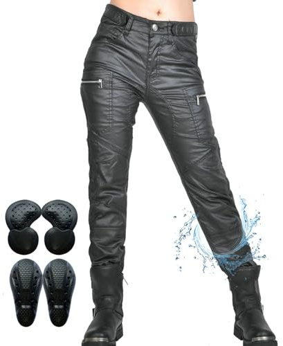 SHUOJIA Pantalon de Moto pour Femme, Jean de Moto Avec Revêtement Imperméable Avec Protections, Vêtements de Moto Extensibles, Jean à Poches Multiples (Black-A,L)