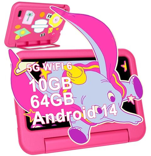 2026 Tablet Niños 7 Pulgadas Android 14, 10GB RAM + 64GB ROM (TF 1TB), WiFi 6, Bluetooth 5.0, 8-Core, 3500mAh, Control Parental, Doble Cámara, Certificado GMS, Tablets Niños con Funda EVA - Rosa