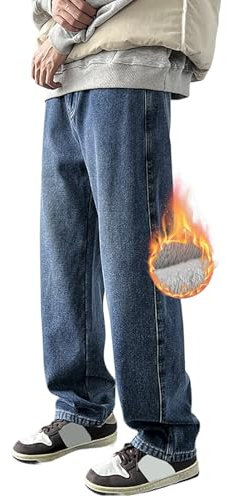 MASUCOR Jean Doublé pour Homme Chaud et Épais Taille Haute avec Polaire Coupe Ample Pantalon Thermique Jambe Large Jean Long Jean D'hiver Jean Thermique Stretch Streetwear(Dark Blue,M)