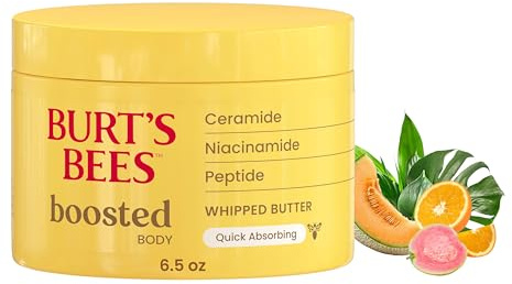 Burt's Bees Boosted Body Whipped Butter With a Ceramide, Niacinamide and Peptide Complex, Quick-Absorbing Body Butter Helps Support Skin Barrier, Tropical Scented, 6.5 oz. Jar