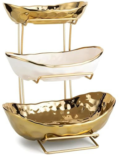 OUAYEMEL 3 Tier Fruit Bowl with Gold Metal Stand, Ceramic Fruit Bowl for Home Party Kitchen Counter, Tiered Fruit Basket for Snacks Candy Bread Storage (Gold(Textured))