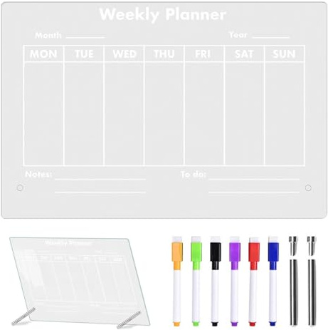 Calendrier de bureau hebdomadaire en acrylique effaçable à sec | Tableau de table avec marqueurs en 6 couleurs et tableau calendrier avec liste de tâches pour chambre à coucher, bureau, maison, école