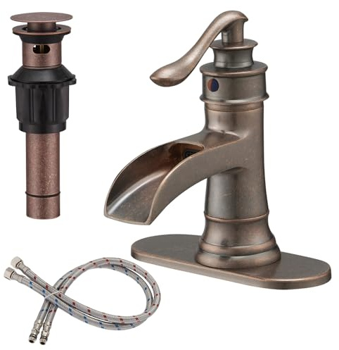 BWE Copper Bathroom Faucet Antique Brass Sink Vanity Basin Single Handle with Pop up Drain Assembly Waterfall Rose Mixer Tap One Hole Lever with Overflow Deck Mount Commercial
