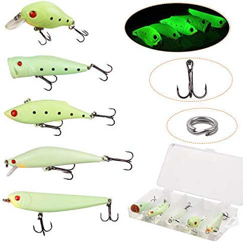 5pcs/Set Night Fishing Lure Bait 3D Crankbait Luminous Bait Hard Bait with Treble Hooks Artificial Lures Glow in Dark Minnow Hard Bait Tackle