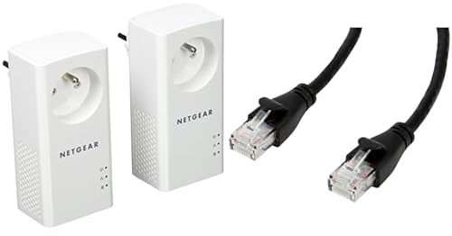 NETGEAR PLP1000-100FRS Pack de 2 Prises CPL 1000 Mbps avec Prise filtrée et Port Ethernet, idéal pour Le Multi-TV & Amazon Basics Câble réseau Ethernet RJ45 catégorie 6-3 m
