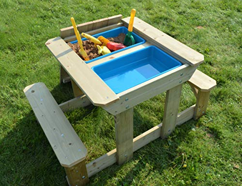 Wendi Toys T3 Sand and Water Table for Toddlers, Wooden Kids Picnic Table with 2 benches, Removable Lid and Water & Sand Plastic Trays, 95 x 60 x 53 cm