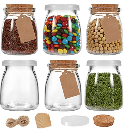 Lot de 6 bocaux en verre de 200 ml avec couvercles en polyéthylène et couvercles en liège, pots à pudding transparents pour épices, confiture, miel, bricolage et art
