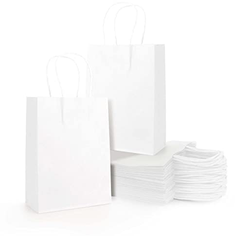 Papiertüten, 40PCS Papier Geschenktüten mit mit Henkel Weiß, kleine Tragetaschen Geschenktüten Kraftpapiertüte, Partytüten für Lebensmittel Backen Einkaufen Party