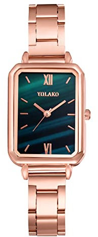 JewelryWe Uhren Damen Analog Quarz Armbanduhr Metallarmband Beiläufige Uhr Spangenuhr mit grünem rechteckigen Muschel Zifferblatt Rosegold