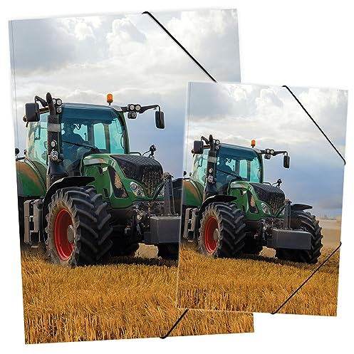 itenga Set Zeichenmappe DIN A3 und Sammelmappe DIN A4 mit Motiv - Gummizugmappe Sammelmappe - für Kinder Jugendliche Schüler Mädchen Jungen (Set A3 und A4 Motiv Traktor)