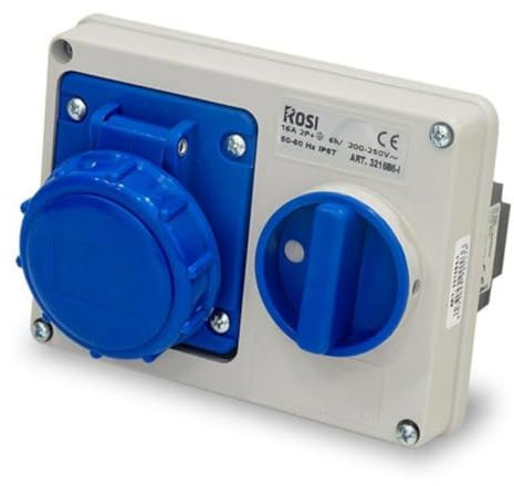 Presa interbloccata orizzontale con sezionatore interruttore, ad incasso, 220V 230V, 3 poli 2P+T, 32A, IP67 - Rosi 14.3232B6-I