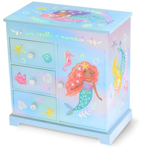 Giggle & Honey® Joyero Musical Grande de Sirena con Tres Cajones para Niñas - Caja de Música Infantil con Espejo, Joyero Niña Sirena, Cajita Musical Grande, Regalos Niñas 3-10 Años
