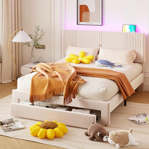 WIZBED Polsterbett 160 x 200 cm, Doppelbett mit Verstellbares Kopfteil und USB-Buchse, Rückenlehne und großer Schublade, Bettgestell, Samtstoff, Jugendbett, ohne Matratze