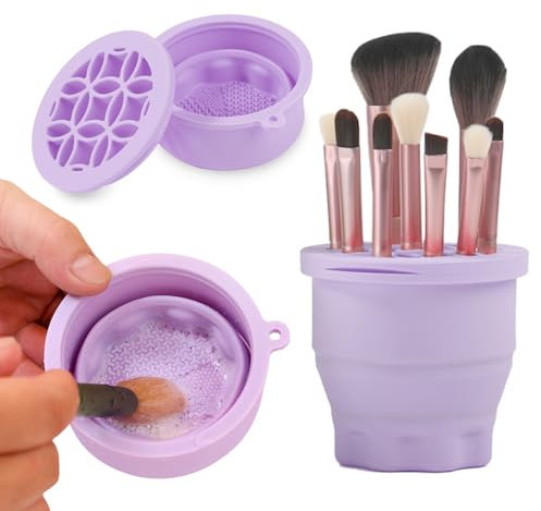Makeup Brushes Cleaner Mat with Brush Storage Holder, Folding Portable Washing Tool for Makeup Cleaning, 2 In 1 Silicone Brush Cleaner Pad & Cosmetic Organizer Rack (Purple)