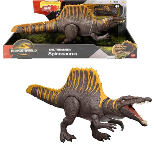 Mattel Jurassic World El Renacer, Espinosaurio Cola destructora Dinosaurio de juguete, figura de acción con 2 movimientos de ataque, fiel a la película y articulada, juego digital, JGB57