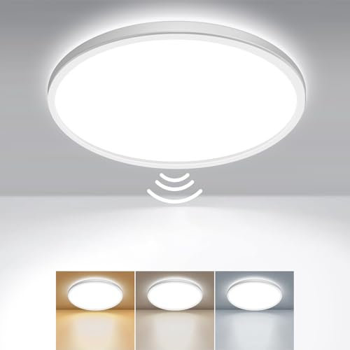 zemty Motion Sensor Light Indoor 3000K/4000K/6500K 15W 1500LM, Bathroom Ceiling Light Ø18CM Waterproof, Flush LED Shed Lights for Loft,Stair,Indoor,Garage Lighting