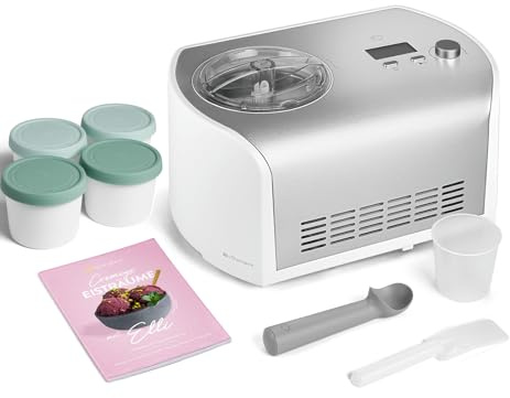 SPRINGLANE Sorbetière Elli 1,2 L avec compresseur auto-refroidissant 135 W, sorbetière en acier inoxydable avec bac à glace amovible, livret de recettes inclus (machine à glace + 4 porte-glaçons mini
