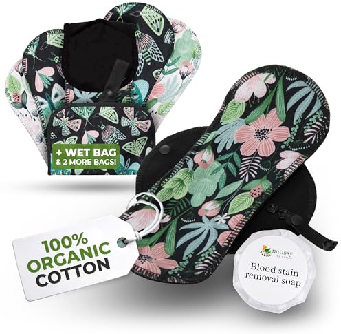 EcoConfort compresas reutilizables en algodón orgánico para flujo ligero (S+M, 6 uds.); lavables a alta T°; suaves y no irritantes, compresas tela para una higiene menstrual de mujeres y adolescentes
