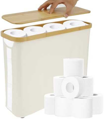 Cesta de almacenamiento de papel higiénico de 23,6 l con tapa, almacenamiento de papel higiénico de pie, gran capacidad, contenedor de 45 x 15 x 35 cm (cubierta de madera de color crema)