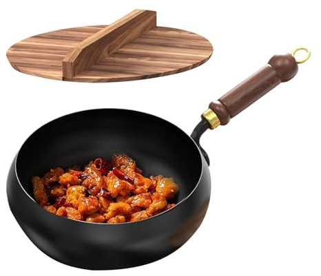 kivrimlarv Wok antiadherente, cocina de inducción, sartén de hierro con diseño forjado a mano de alta calidad y mango de madera versátil antiquemaduras para estufas o cocinas de inducción, 1 pieza