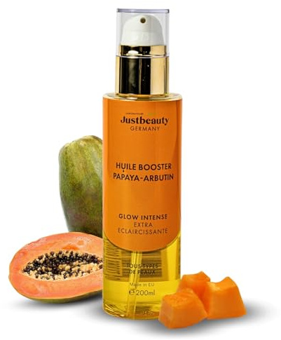 PERLE RARE Huile Booster Papaye-Arbutin 200 ml – Huile Anti-Taches Visage et Corps à la Vitamine C et au Squalane – Éclat et Teint Uniforme