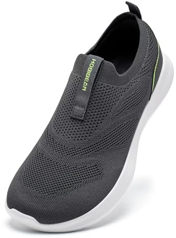HOBIBEAR Men Walking Shoes Wide Toe Box Slip On Sneakers Breathable Comfortable Casual Trainers Sock Tennis Flexible Nurse Work Travel Drive Yoga Grey Green