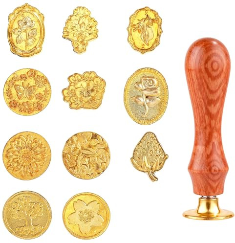 13PCS Gold Vintage Wax Seal Stamp Kit Classic Seals Sealing Head with Wooden Handle for Party Wedding Invitation Cards Envelopes Gift Wrapping Letter (12 Patterns)