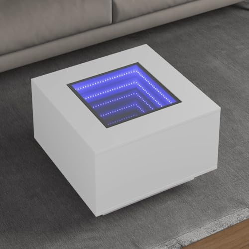 HaoChrymec LED-Couchtisch mit Infinity-Spiegel, RGB-LED-Beleuchtung, Holzwerkstoff, Beistelltisch für Wohnzimmer, Modernes Design, Kaffee-Tisch mit USB-Anschluss, Weiß, 60 x 60 x 40 cm