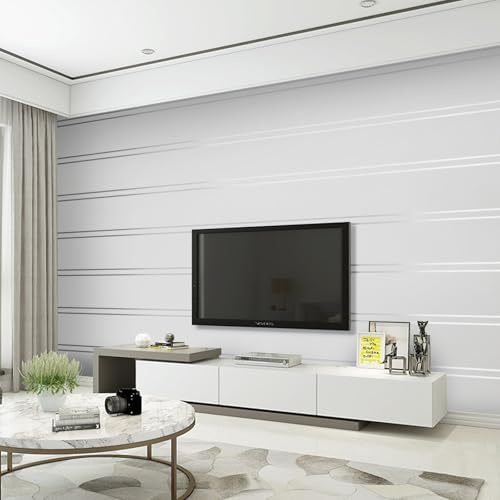 Pamatio White Glitter Line Effect Wallpaper Embossed Texture Non-Woven Living Room Wallpaper, Nordic Straight Silver Line Effect Free Matching, for Bedroom TV Background Corridor, 9.5m X 0.53m