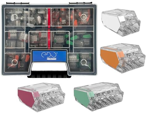 EDO Coffret 100 Bornes de Connexion VDE - Bornes de Connexion Rapides Push-in pour Fils Rigides 0,5–2,5 mm² avec Valise de Rangement - Dominos Électriques Compacts pour Installations Intérieures