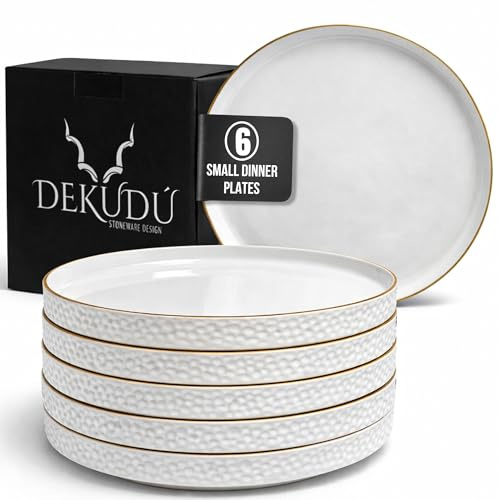 DEKUDÙ Frühstücksteller Dessertteller kuchenteller Steingut Teller set - Handgefertigt - Hochwertiges Steinzeug- 6 Stück - Ø 20 cm - Geschirr Set - Spülmaschinen Mikrowellen Kratzfest - Farbe Weiß