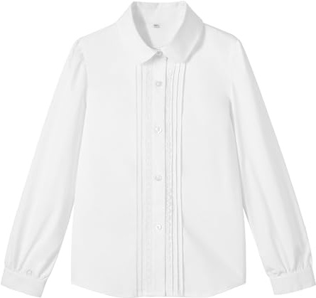 LOLANTA Camicia per Bambine a Maniche Lunghe con Colletto Peter Pan Arricciato, Misto Poliestere Cotone, Camicia da Uniforme Scolastica, Bianco (Colletto alla Peter Pan), 9-10 Anni, 140