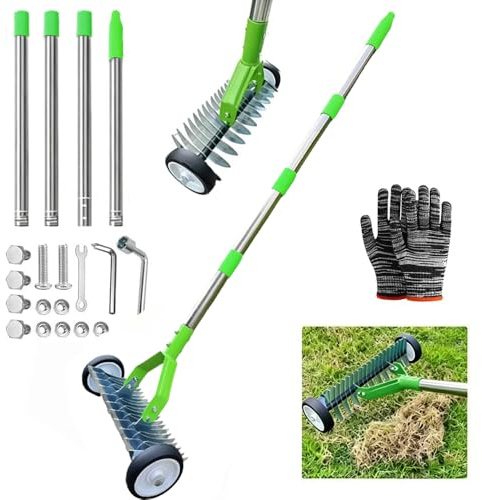 Scarificatore manuale con ruote, rastrello con manico, 165 cm, ventilatore da prato con ruote, rastrello da taglio in metallo, rimovibile, rastrello per scarificare regolabile, per giardino, cortile
