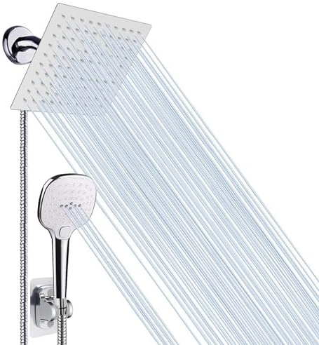 NearMoon Shower Head with Hose, High Pressure Stainless Steel Rain Shower and 3 Settings Handheld Spray Combo with Push Button Flow Control (8 Inch, Chrome Finish)