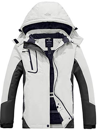 Wantdo Chaqueta de Esquí Aislante Impermeable Parka Cálida con Capucha Ajustable Extraíble Chaqueta de Esquí Aislante Impermeable Cazadora Trabajo Viaje Acampar para Mujer Blanco Crema Large