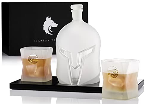 Spartan Helmet Whiskey Decanter Set with Frosted Glasses and Wooden Board - 4-Piece, Warrior Edition, Ideal Gifts for Men, Mancave Decor