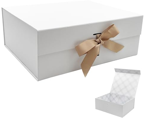 Tekhoho Weiß große Geschenkbox 33.5x27x12.5 cm, Premium Geschenkbox mit Magnetverschluss und Geschenkband für Feiertage Hochzeit Geburtstag Geschenkverpackung, kariertes Innenfutter