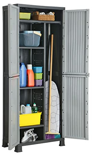 Kunststoffschrank mit 2 Türen und 6 Fachböden, Abschließbaren Türen, Kunststoffschränke Aufbewahrungsschrank Schrank für den Innen- und Außenbereich, Kleiner Garten Geräteschrank 68x39x171,5 cm