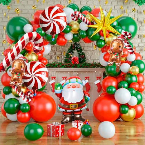 Kit di ghirlande ad arco con palloncini natalizi, confezione da 113 palloncini natalizi rossi, bianchi e verdi, palloncini a forma di canna, palloncini a forma di omino di pan di zenzero