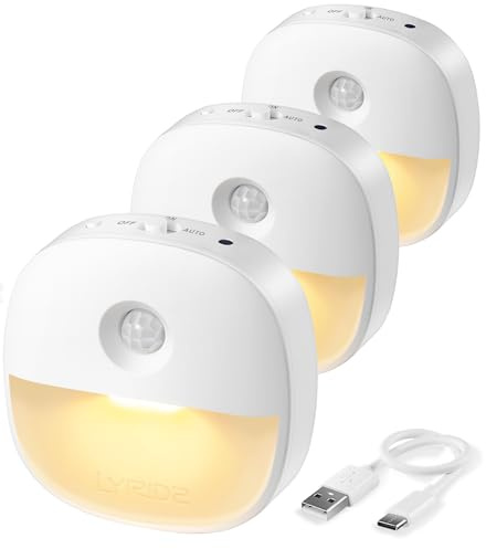 Lyridz Nachtlicht Mit Bewegungsmelder Aufladbar, 3 Stück Led Nachtlicht Dimmbar mit 3 Modi (AUTO/ON/OFF), Treppenbeleuchtung Innen Akku für Kinderzimmer, Schlafzimmer, Schrank, Flur